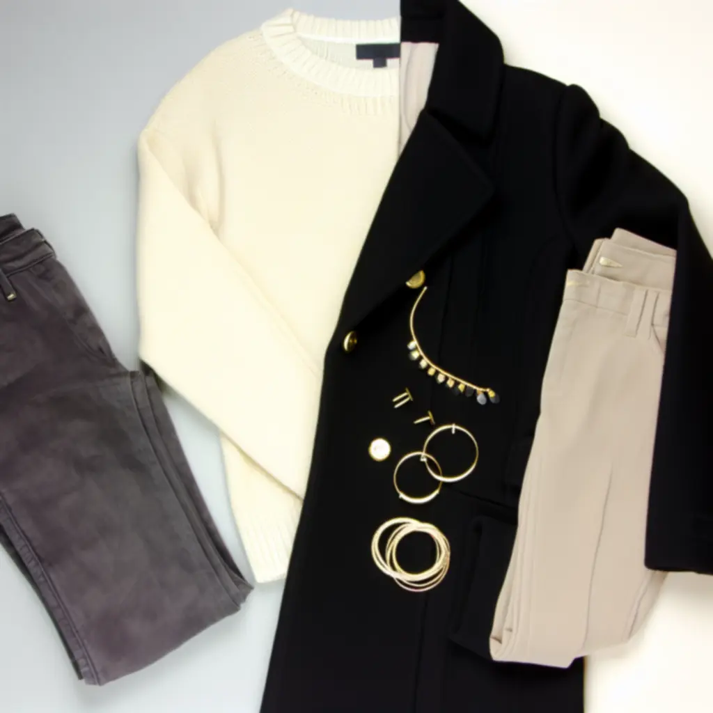 Minimalistyczna siatka produktowa z ubraniami w odcieniach czerni, beżu i taupe